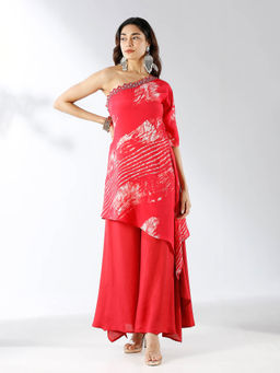 Ishnya - Red One Shoulder Kurta & Palazzo (Set of 2)