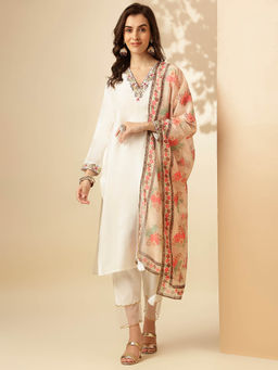 SANSKAR - White Solid Embroidered Viscose Silk Straight Kurta Pant & Dupatta (Set of 3)