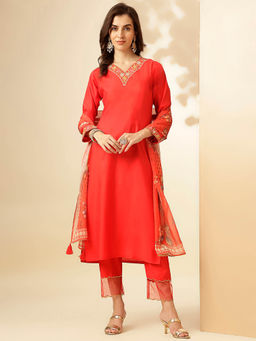 SANSKAR - Red Solid Embroidered Viscose Silk Straight Kurta & Pant with Dupatta (Set of 3)
