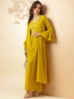 SANSKAR - Yellow Solid Embroidered Georgette Jacket Top with Palazzo (Set of 3)