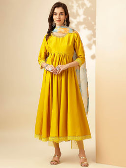 SANSKAR - Yellow Solid Embroidered Viscose Silk Anarkali Kurta Pant & Dupatta (Set of 3)
