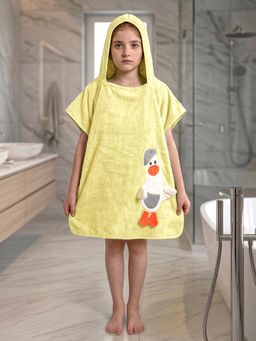 FABINALIV - Yellow Cartoon Design Pure Cotton Kids Hooded Poncho Towel