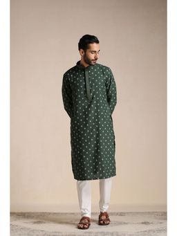 Manyavar - Green Blended Viscose Printed Kurta with Pencil Pajama (Set of 2)