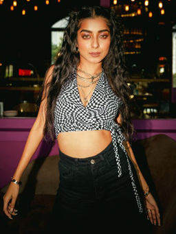 FREAKINS - Black Printed Checkered Print Halter Top