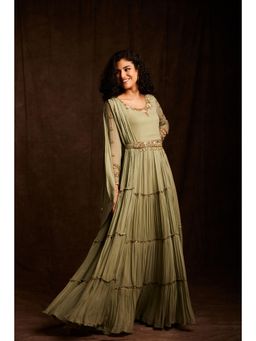 Label Gayatri Bishnoi - Sage Green Dress with Drape Dupatta and Belt (Set of 3)