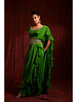 Label Gayatri Bishnoi - Green Scarlett Ruffle Pre Draped Saree with Stitched Blouse and Belt