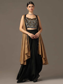 "Two Sisters" by Gyans - Antique Gold Embroidered Bustier with Skirt and Cape (Set of 3)