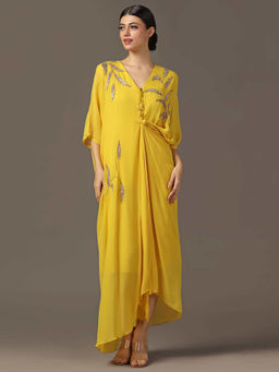 "Two Sisters" by Gyans - Yellow Embroidered Draped Dress