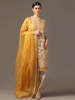 "Two Sisters" by Gyans - Mustard Embroidered Kurta with Pant and Dupatta (Set of 3)