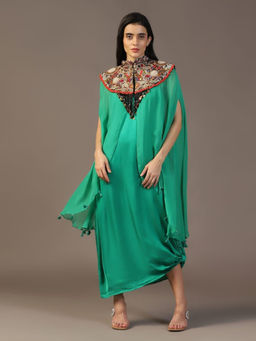 "Two Sisters" by Gyans - Leaf Green Maxi Dress with Embroidered Cape (Set of 2)
