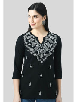 QAZMI - Black Floral Embroidered Chikankari Kurti