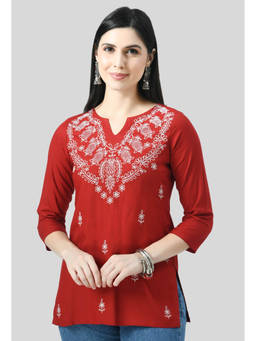 QAZMI - Red Floral Embroidered Chikankari Kurti