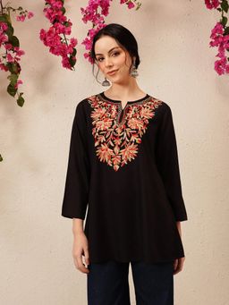 QAZMI - Women's Fiza Kashmiri A-Line Black Short Kurti
