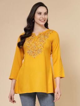 QAZMI - Women's Fiza Kashmiri A-Line Mustard Short Kurti