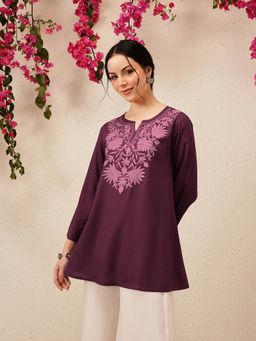 QAZMI - Women's Fiza Kashmiri A-Line Wine Short Kurti