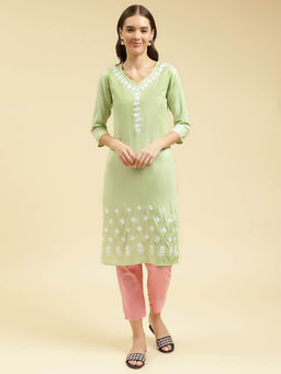 QAZMI - Green Floral Yoke Design Chikankari Cotton Straight Kurta
