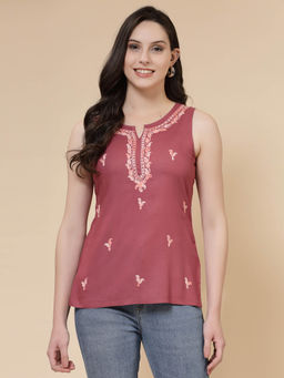 QAZMI - Pink Laiba Kashmiri Embroidered Work Sleeveless Kurti