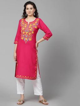 QAZMI - Pink Kashmiri Chikankari Work Straight Kurta