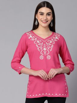 QAZMI - Pink Embroidered Pashmina Work Straight Kurti