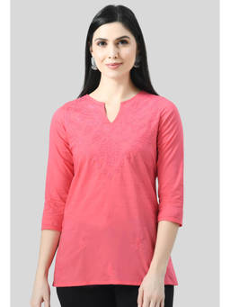 QAZMI - Pink Self Embroidered Chikankari Work Kurti