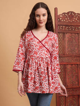 Sufiza Lifestyle - Women Hand Block Printed Red Kurti