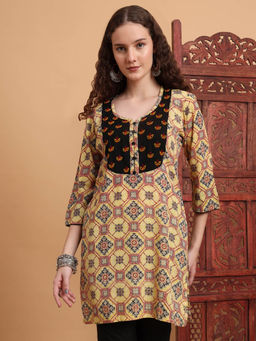 Sufiza Lifestyle - Women Hand Block Ajrakh Printed Yellow Kurti