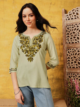 QAZMI - Women's Green Kashmiri Work Kurti