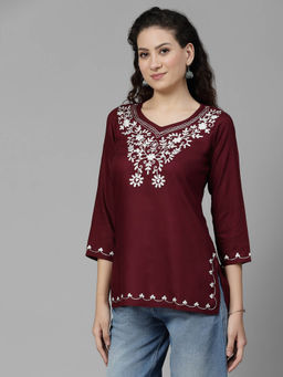 QAZMI - Maroon Embroidered Pashmina Work Straight Kurti
