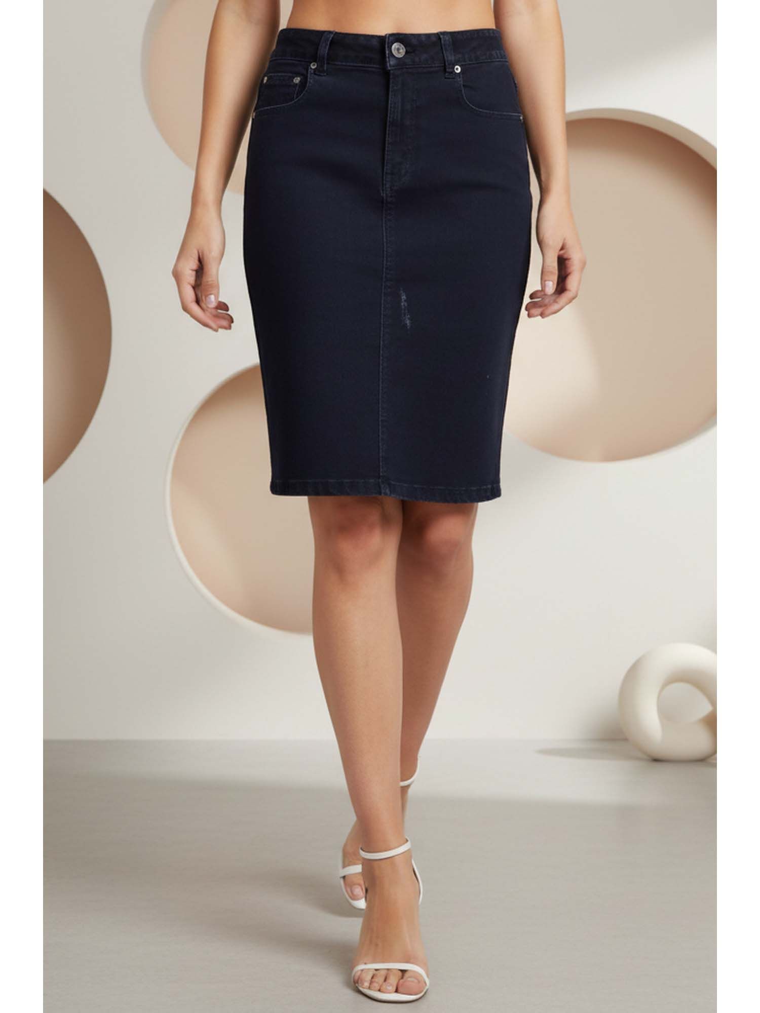 elleven Black Solid/Plain Straight Skirt-picture-31