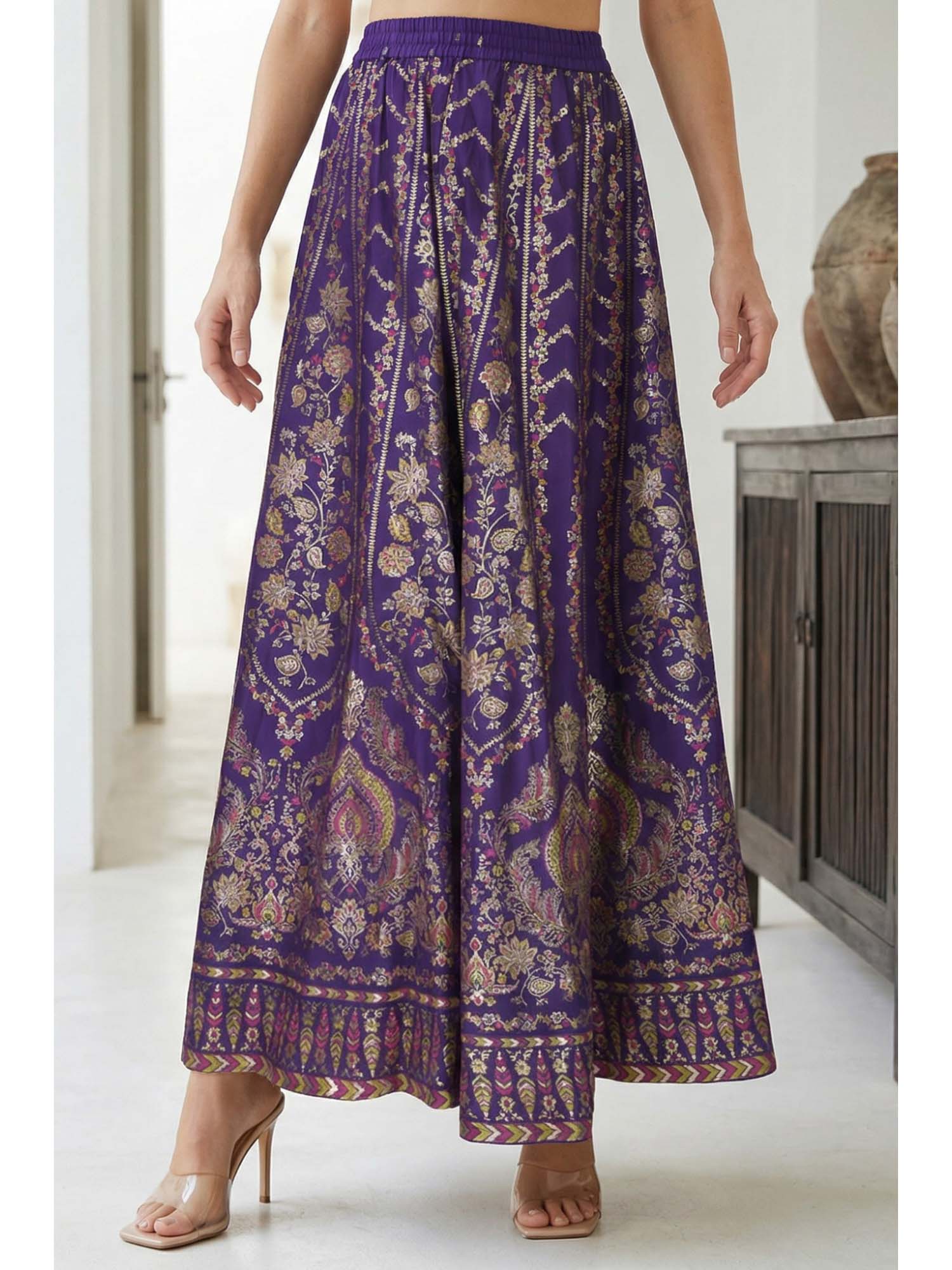 elleven Purple Embroidered Flared Skirt-picture-32