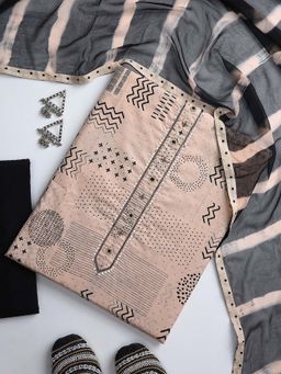 Libas - Beige Printed Unstitched Top And Bottom With Dupatta