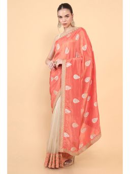 Soch - Women Orange Silk Embroidered Saree with Unstitched Blouse