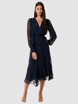 Forever New - Navy Blue Solange Long Sleeve Burnout Midi Dress with Belt