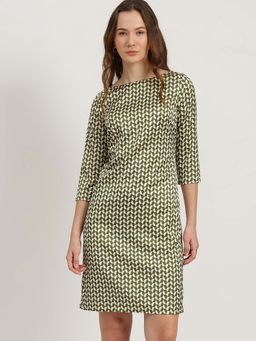 FableStreet - Olive Satin Shift Printed Dress