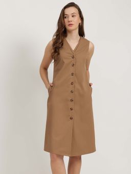 FableStreet - Camel V-Neck Midi Dress