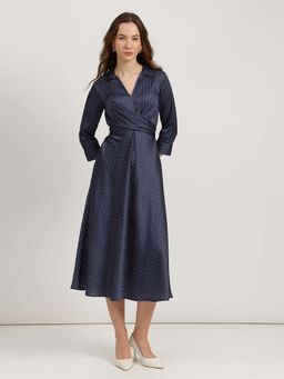 FableStreet - Navy Blue Satin Striped Dress