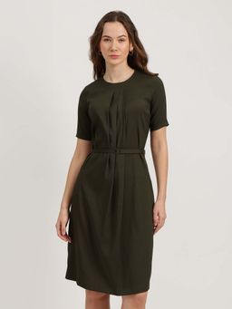 FableStreet - Olive Solid Pleated Shift Dress with Belt