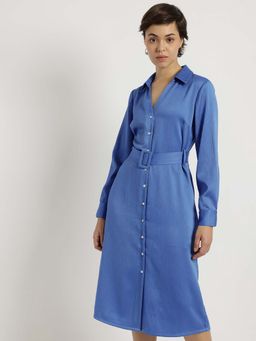 FableStreet - Blue Satin Solid Shirt Dress with Belt