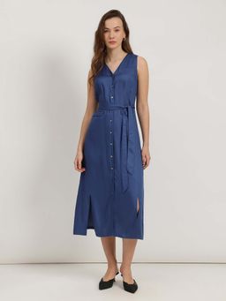 FableStreet - Blue Solid Button Down Dress with Belt