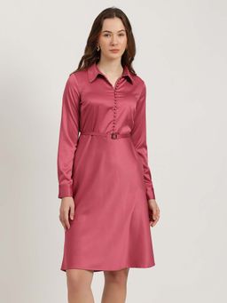FableStreet - Pink Solid Satin Fit and Flare Dress with Belt