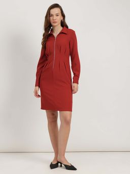 FableStreet - Rust Solid Fitted Shift Dress