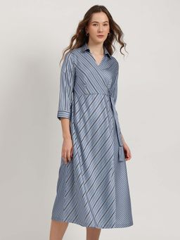 FableStreet - Blue Satin Striped Wrap Dress