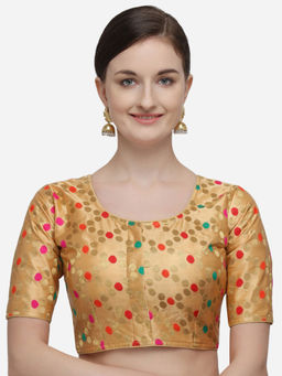 Amrutam Fab - Womens Printed Gold Jacquard Stiched Blouse With Round Neck