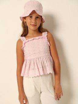 VERO MODA - Girls Self Design Pink Top With Hat (Set of 2)