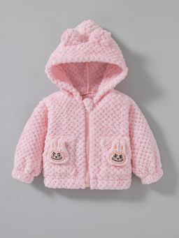Hopscotch - Pink Bear Applique Textured Fleece Hoodie