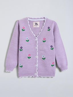 Hopscotch - Purple Floral Embroidered Scalloped Cardigan