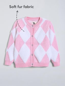 Hopscotch - Pink Fur Textured Checkered Cardigan