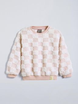 Hopscotch - Dusky Pink Fuzzy Checkered Sweatshirt