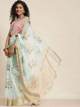 Odette - Women Sea Green Organza Printed Saree with Unstitched Blouse
