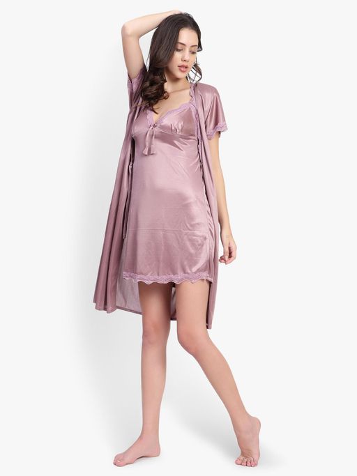 Buy BRACHY Women Satin Self Design Short Night Dress & Robe Light Mauve  (Set of 2) (S) Online